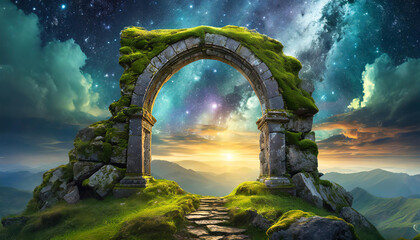 Old stone arch with green moss. Mysterious portal to another world. Ancient ruins. Cosmic sky.