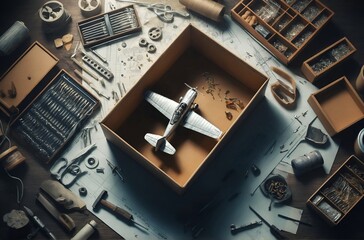 An open box containing a small airplane