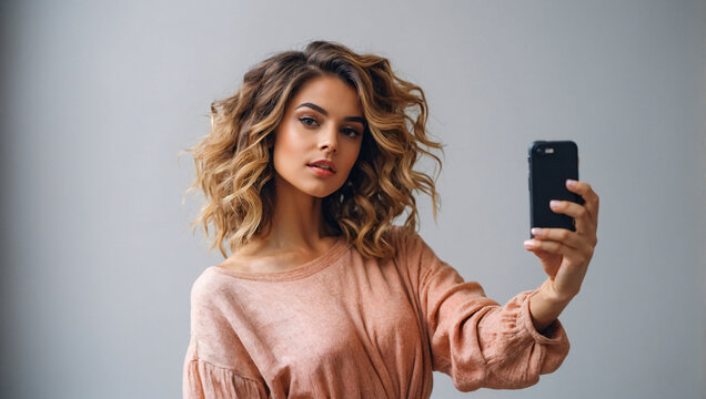 Beautiful young female influencer taking a selfie with her smartphone on a clean colored background