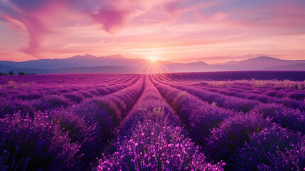 Vast field of lavender in full bloom, stretching towards a horizon painted with hues of pink and orange from the rising sun