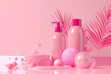 A pink background with three pink bottles of lotion and a pink ball