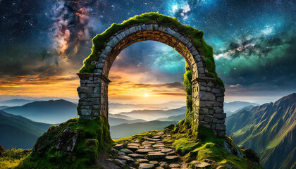 Old stone arch with green moss. Mysterious portal to another world. Ancient ruins. Cosmic sky.