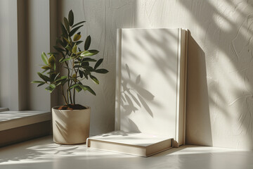blank white mockup of closed book standing next to a window and a plant