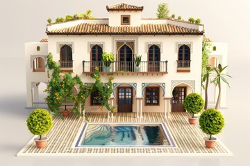 A model of a building with a pool and a balcony - obrazy, fototapety, plakaty