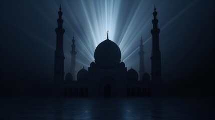 a silhouette of mosque with beam of light on the background