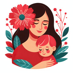 Mom face closeup with baby, flower, and leaves, red color, isolated on a white background, flat vector illustration 