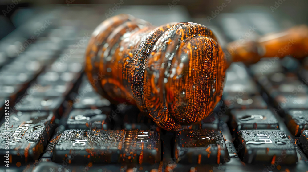 Poster wooden judge gavel on computer keyboard. close-up