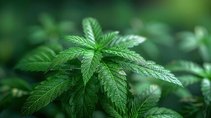 Cannabis leaf. Green background. Growing medical marijuana. Indoor cultivation. Marijuana plant