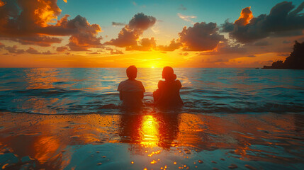 couple in love sitting on beach chairs and watching beautiful sunset on sea - obrazy, fototapety, plakaty