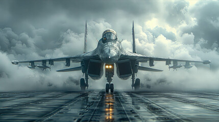 A fighter jet poised for takeoff on a wet runway, surrounded by stormy clouds