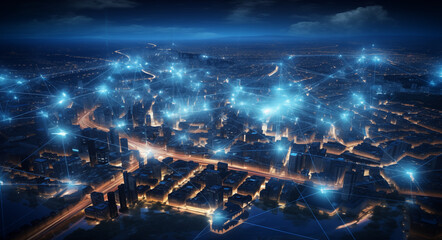 Fototapeta na wymiar Glowing Urban Network: Futuristic Cityscape Integration