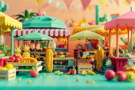 A colorful market scene with a variety of food items on display in model style.