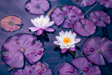 A vivid pink Water Lily or Lotus Flower showcasing its petals and striking yellow stamens against green leaves