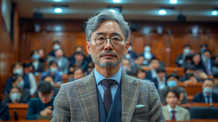 Fototapeta premium A Chinese man in a suit and tie stands in front of a crowd of people. He is has a serious expression on his face. The audience with Asian students together with Chinese bespectacled professor