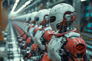 Advanced robotics assembly line in a high-tech factory showing robots building other robots