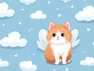 Seamless illustration pattern. Cute cupid cat hugging a heart and sleeping on it, inscription love you.