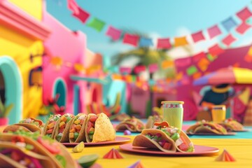 Fototapeta na wymiar A colorful background with a banner and a table with four tacos and a pineapple