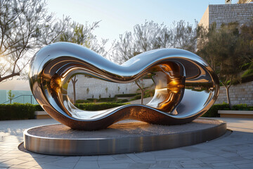 Modern art sculpture in a cultural city center, consisting of sleek metallic curves