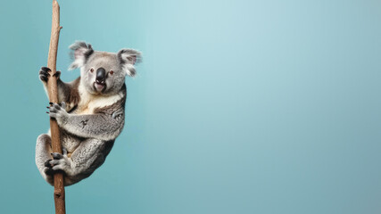 A cheerful koala grips onto a narrow tree branch, its mouth open in a broad smile against a cool blue background