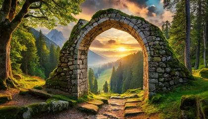Fotobehang Old stone arch. Medieval gate. Portal to forest park, woods at sunset. Magical place. Ancient ruins. © hardvicore