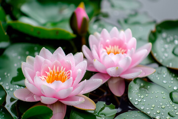 A vivid pink Water Lily or Lotus Flower showcasing its petals and striking yellow stamens against green leaves