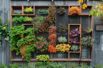 a vertical garden on a city building facade, a variety of edible plants and herbs
