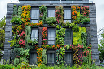 a vertical garden on a city building facade, a variety of edible plants and herbs