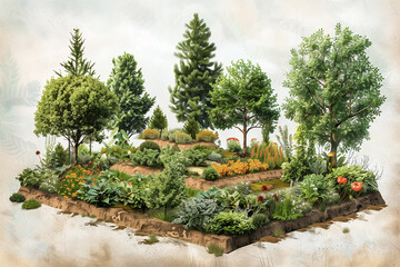 a permaculture food forest with multiple layers of plants, including trees, shrubs, and ground cover, a self-sustaining ecosystem