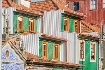 Colorful facades with traditional Portuguese tiles in Porto, Portugal.