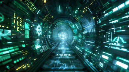 Quantum supremacy technology, futuristic tunnel with digital data, glowing connection idea global communications speed - obrazy, fototapety, plakaty