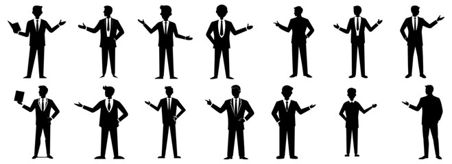 Minimalist Businessman giving a presentation black silhouette in white background.