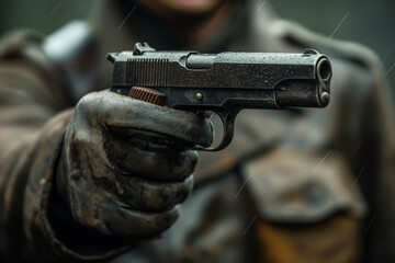 World War 1 soldier military aiming Colt M1911 to camera