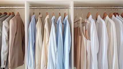 Capsule wardrobe, closet with clothes hanging on hangers, garment textile industry shirt shopping dress