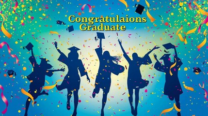 a banner design with the text  Congratulations Graduate, silhouettes of student celebrate the milestone of graduation. bursts of confetti and cheers.
