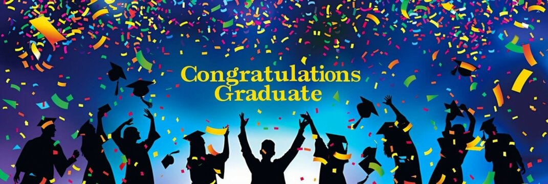 a banner design with the text  Congratulations Graduate, silhouettes of student celebrate the milestone of graduation. bursts of confetti and cheers.
