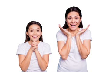 Close up photo pretty two people brown haired mum little daughter eyes mouth opened unbelievable yelling praying arms in air together wearing white t-shirts isolated bright blue background
