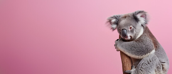 Obraz premium This image captures a charming koala leaning on a post, peeking with curiosity on a plain pink background that highlights its features