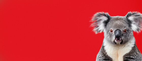 A striking portrait of a koala against a vibrant red background, its gaze piercing and intense