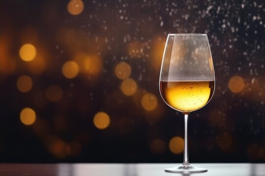 An atmospheric image of a white wine glass on a surface with falling snowflakes and a warm bokeh glow in the background. White Wine Glass with Snowfall and Golden Bokeh