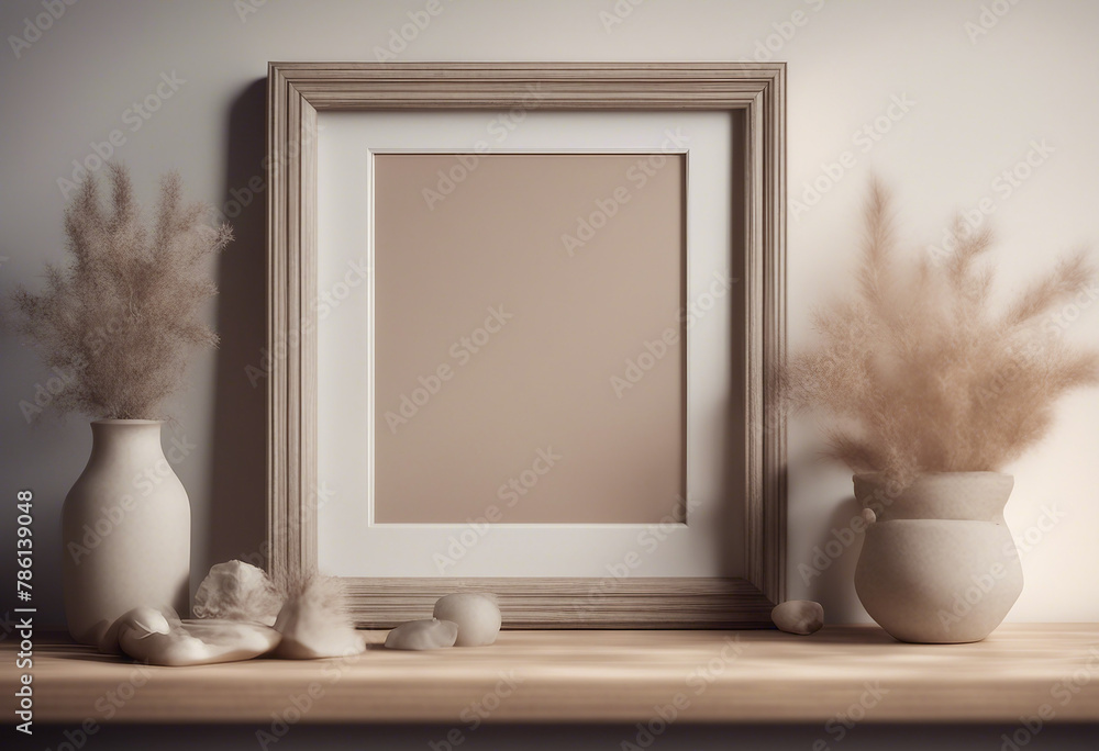 Poster mock up frame close up in home interior background boho style 3d render