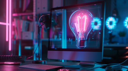 A computer monitor displays a glowing light bulb. The image has a futuristic and neon feel to it, with the light bulb being the main focus. The room is dimly lit