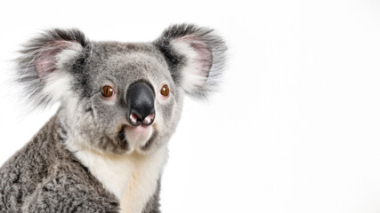 A curious koala bear gazes directly at the viewer, its intriguing face and lush fur displayed against a white background