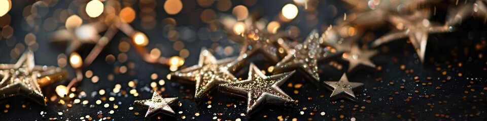A cluster of glittering star ornaments twinkling against a midnight-black backdrop. 