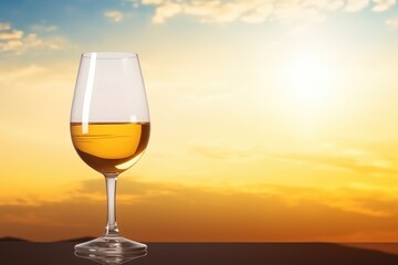 A glass of white wine basks in the warm glow of the sunset, offering a peaceful moment of reflection and serenity. Sunset Serenade with a Glass of White Wine