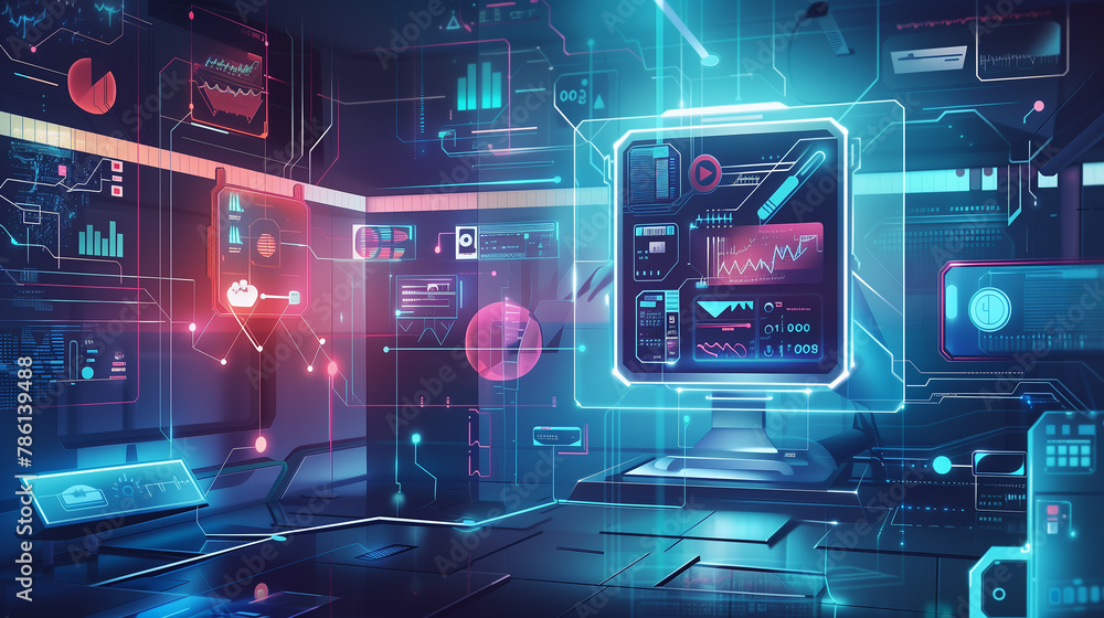 Poster a futuristic room with a computer monitor displaying a skeleton and a man in a white suit. the room 