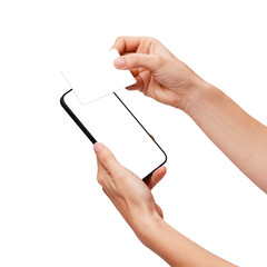 Woman Paying with a credit card in a terminal that is a mobile phone, NFC wireless payments, Contactless