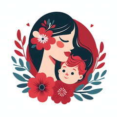 Mom face closeup with baby, flower, and leaves, red color, isolated on a white background, flat vector illustration
