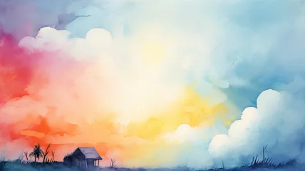 Fotobehang Abstract landscape in multicolored clouds, watercolor background postcard © kichigin19