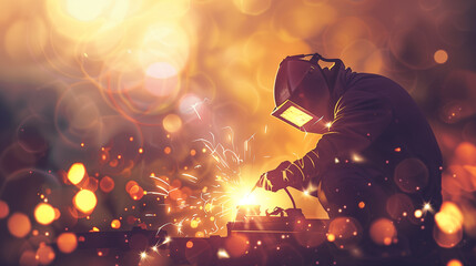 A man in a black suit is working on a metal table. The image has a moody and industrial feel to it, with the man's silhouette and the sparks from the welding creating a sense of danger and hard work - obrazy, fototapety, plakaty