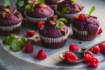 Chocolate raspberry yogurt muffins with pieces of chocolate and muffin tin